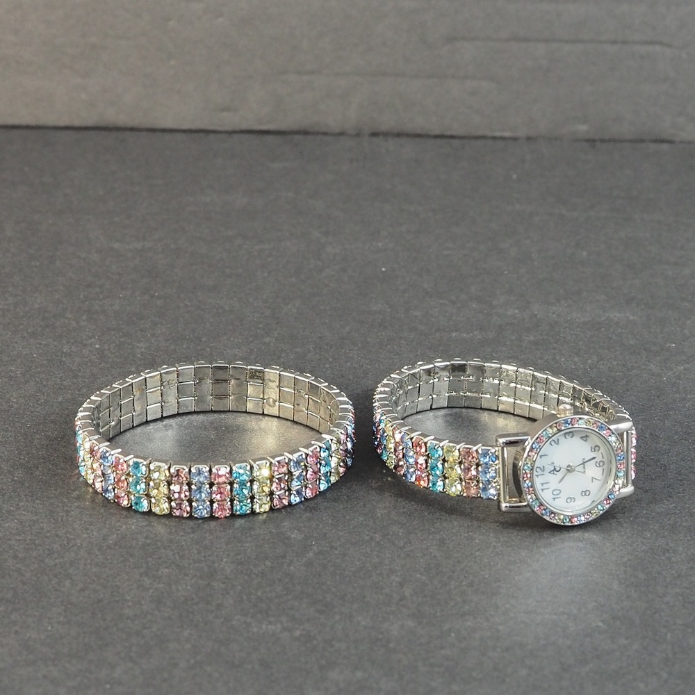 Quartz Watch Stretch Bracelet Matched Set Silver Tone Pastel Rainbow Rhinestone - Picture 2 of 12